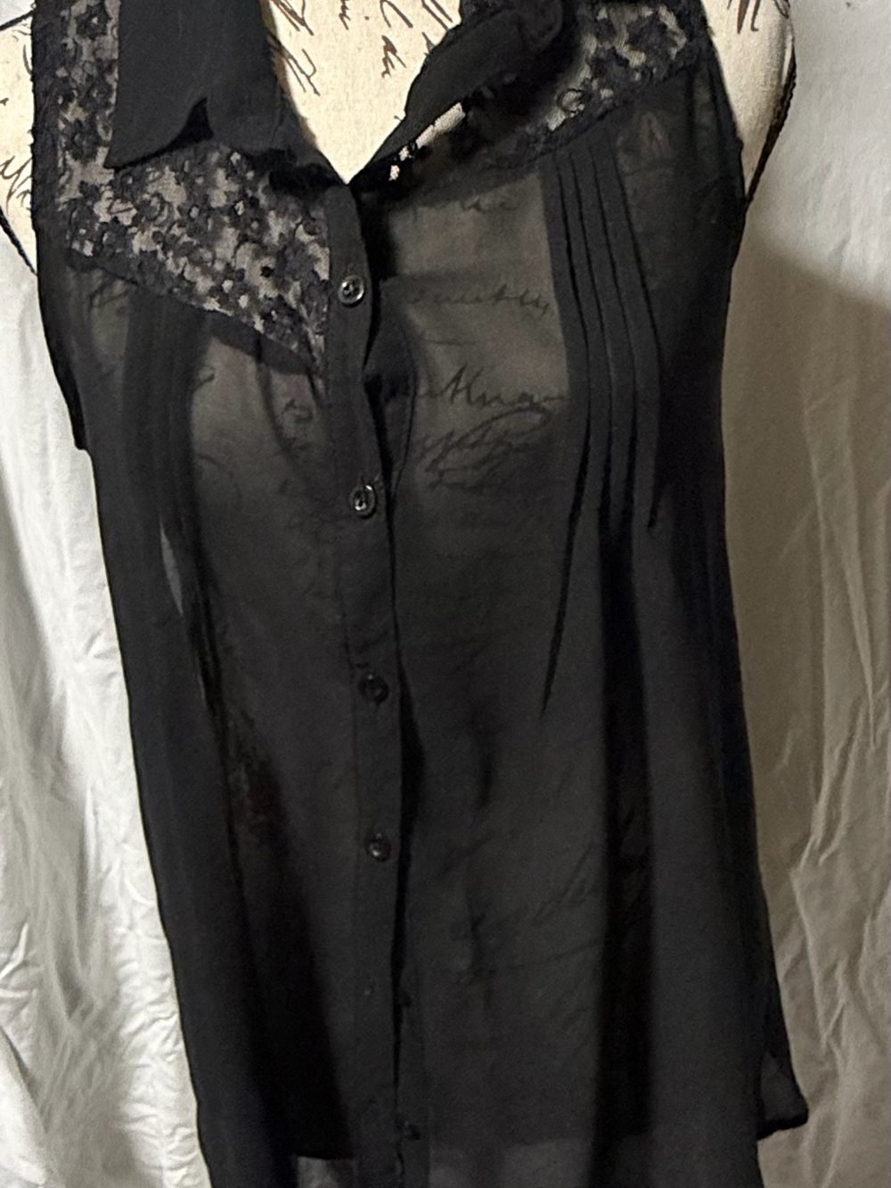 Charming Charlie Black Sheer Lace Sleeveless Button Down Blouse Size S